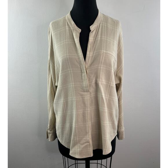 VINCE Beige Top Wool Stretch Plaid Drop Shoulder Split Neck Pullover Sz Medium M - Picture 2 of 11